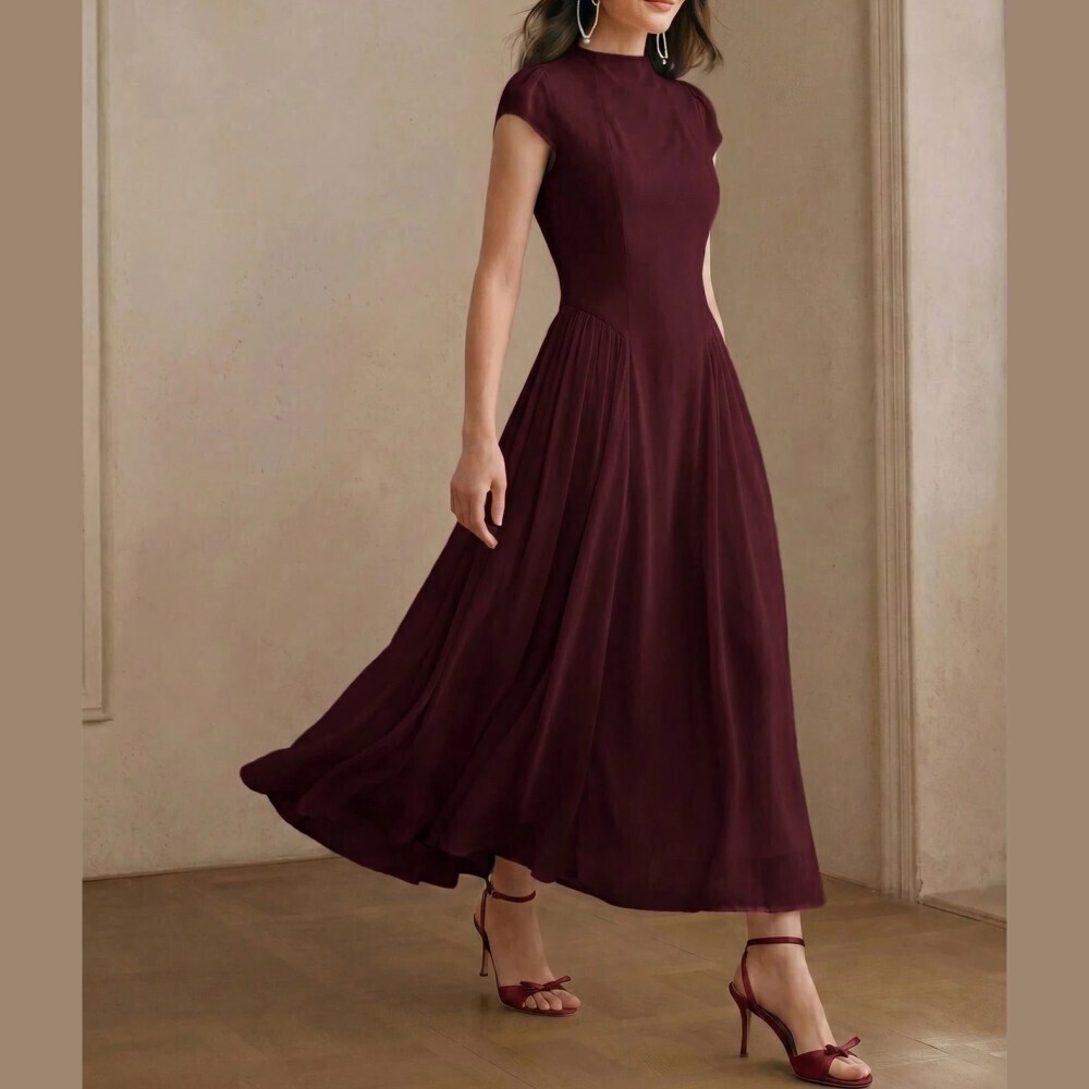 Burgundy Knit Stand Collar Cap Sleeve Fit and Flare Gathered Waist Maxi Dress